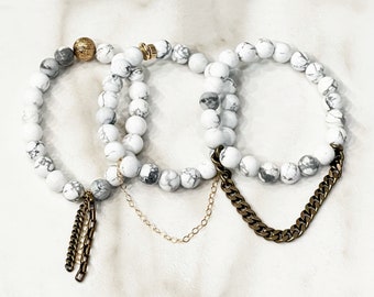 Beaded Stackable Stretch Bracelets with Chains in White with Brass and Gold Filled Accents