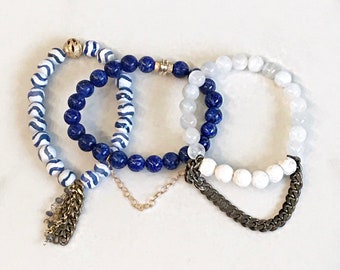 Beaded Stackable Stretch Bracelets with Chains in Shades of Blue