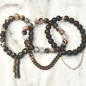 Beaded Stackable Stretch Bracelets with Chains in Shades of Brown image 1