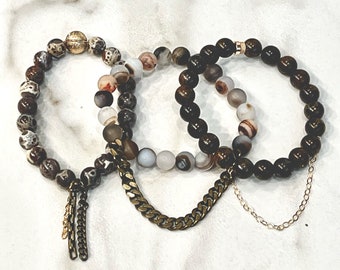 Beaded Stackable Stretch Bracelets with Chains in Shades of Brown