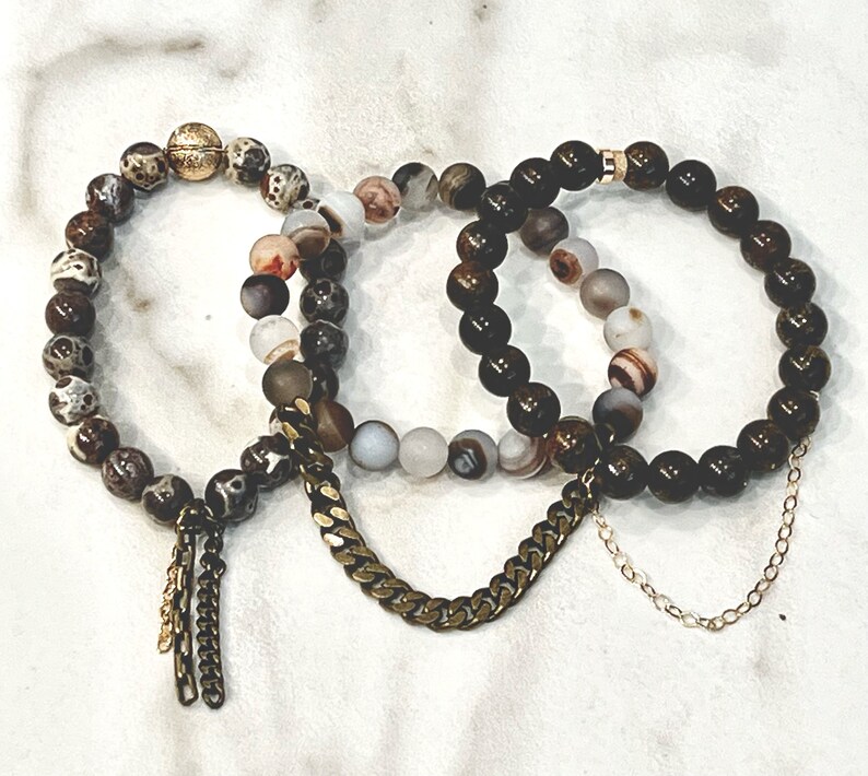 Beaded Stackable Stretch Bracelets with Chains in Shades of Brown image 1