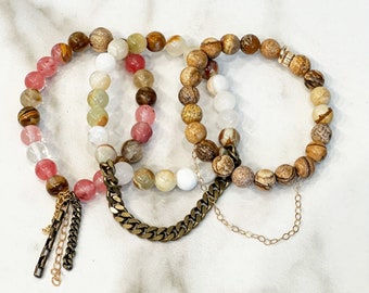 Beaded Stackable Stacked Stretch Bracelets in Spring Colors with Brass Chains