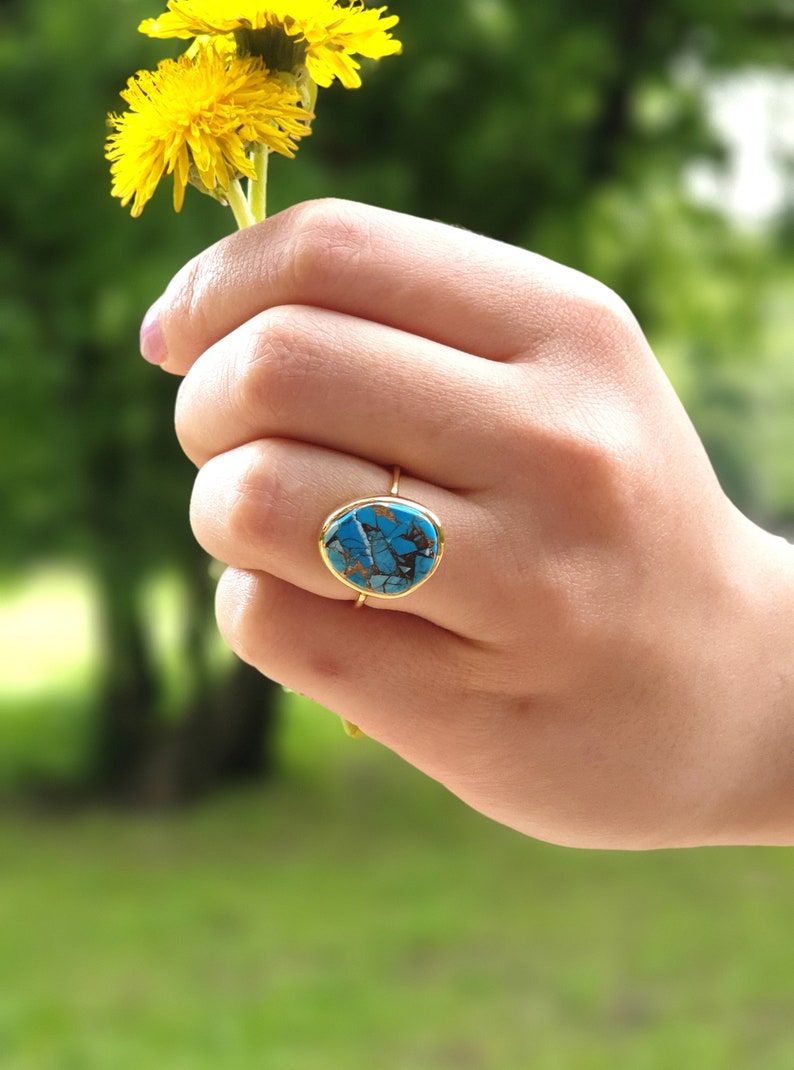 Bohemian Large Blue Gemstone Statement Ring Vermeil Hippie Boho Chic Jewelry Big Blue Mojave Turquoise Gold Plated Ring Silver 925 Noyre