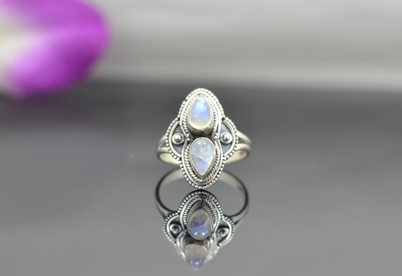 Large Teardrop White Gemstone Vintage Hippie Gypsy Boho Chic Statement Jewelry Rainbow Moonstone Antique Ring Sterling Silver 925 Noyre