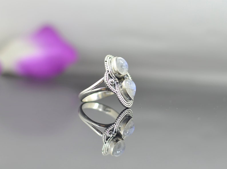 Large Teardrop White Gemstone Vintage Hippie Gypsy Boho Chic Statement Jewelry Rainbow Moonstone Antique Ring Sterling Silver 925 Noyre