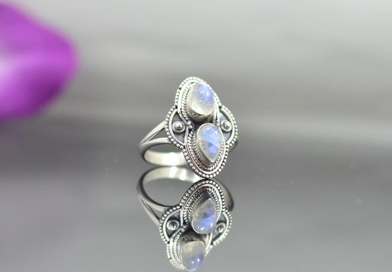 Large Teardrop White Gemstone Vintage Hippie Gypsy Boho Chic Statement Jewelry Rainbow Moonstone Antique Ring Sterling Silver 925 Noyre