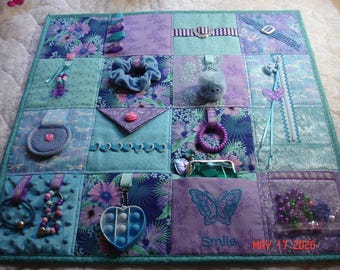 Pink Navy Floral Sensory Tactile Activity Fidget Quilt Blanket for Alzheimer's dementia anxiety ADHD Autism Nursing Home