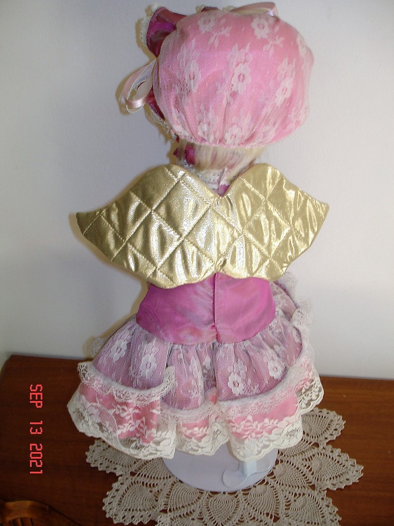 Cloth Hand crafted Angel Doll, Very Good Condition, Dusty Rose Dress, with Stand image 5