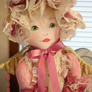 Cloth Hand crafted Angel Doll, Very Good Condition, Dusty Rose Dress, with Stand image 3