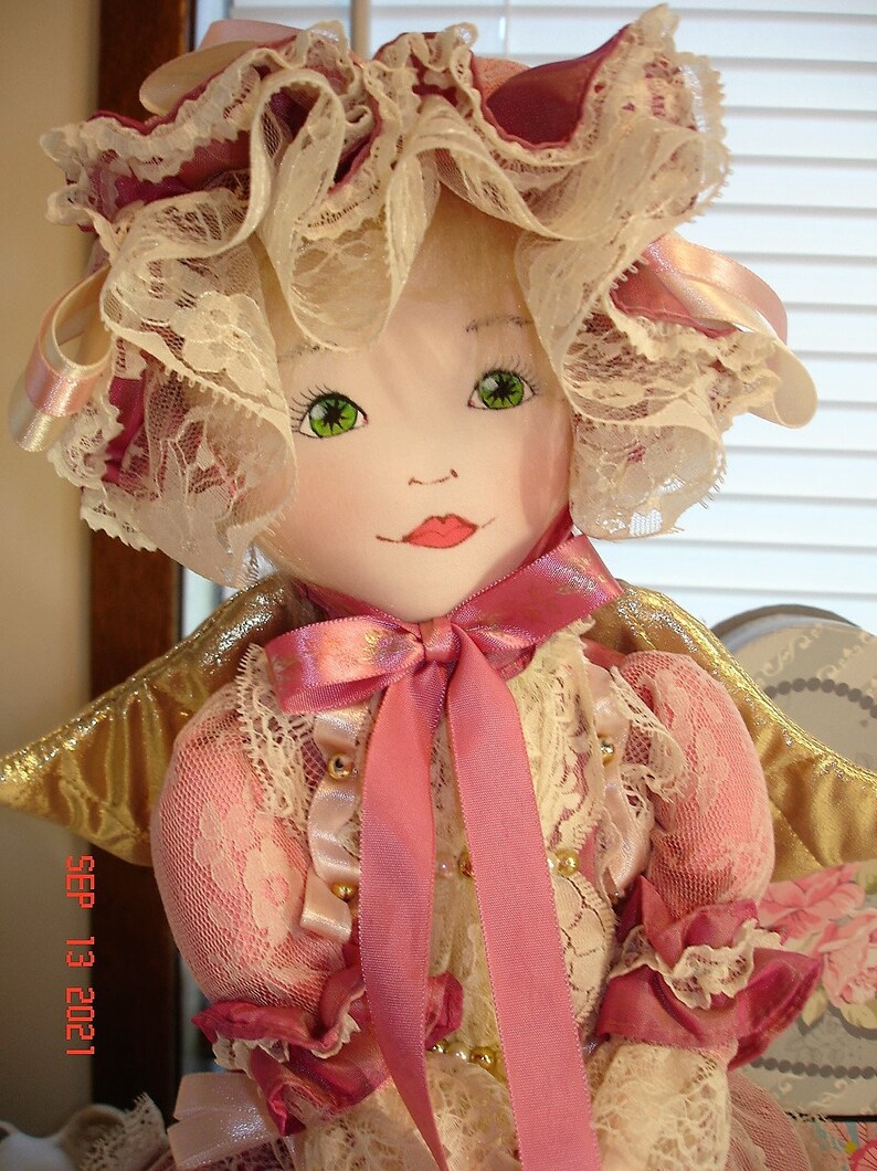 Cloth Hand crafted Angel Doll, Very Good Condition, Dusty Rose Dress, with Stand image 3