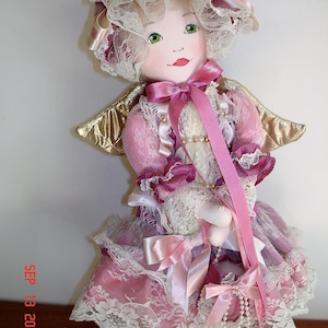 Cloth Hand crafted Angel Doll, Very Good Condition, Dusty Rose Dress, with Stand image 1