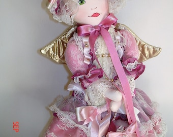 Cloth Hand crafted Angel Doll, Very Good Condition, Dusty Rose Dress, with Stand -