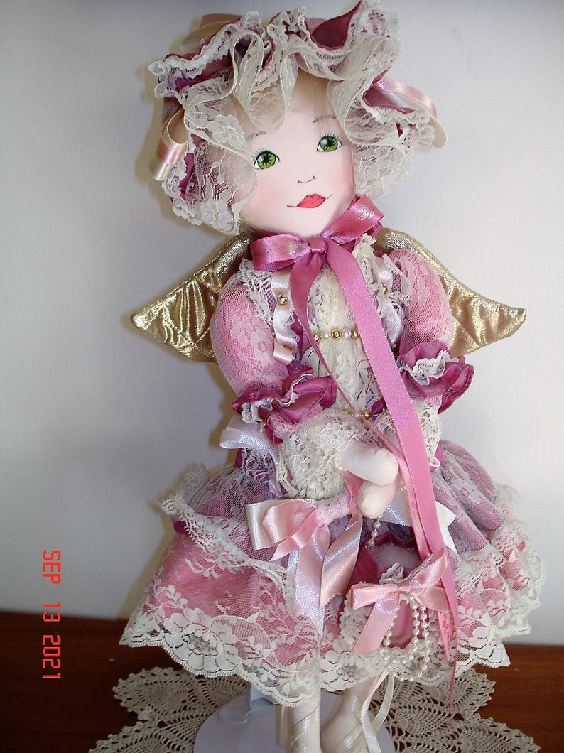 Cloth Hand crafted Angel Doll, Very Good Condition, Dusty Rose Dress, with Stand image 1