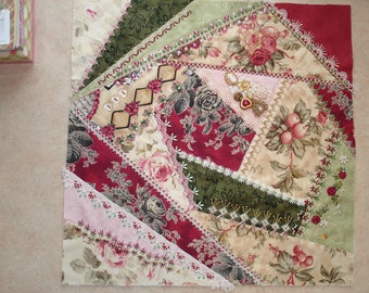 Victorian, Hand Embroidered, Embellished Beaded Crazy Quilting Patch Quilt Block ~ Pink, greens, burgundy