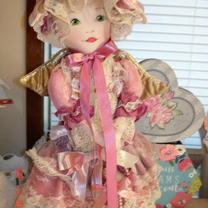 Cloth Hand crafted Angel Doll, Very Good Condition, Dusty Rose Dress, with Stand image 2