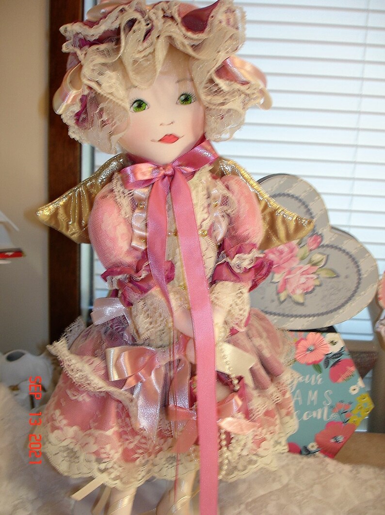 Cloth Hand crafted Angel Doll, Very Good Condition, Dusty Rose Dress, with Stand image 2