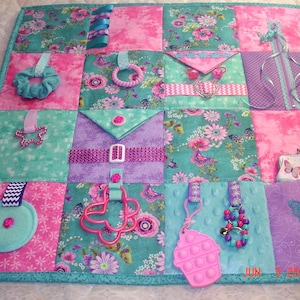 Teal Pink Floral LAP Fidget Activity Tactile Sensory Quilt Blanket for Alzheimer&#39;s Dementia Autism Anxiety ADHD Nursing Home BT