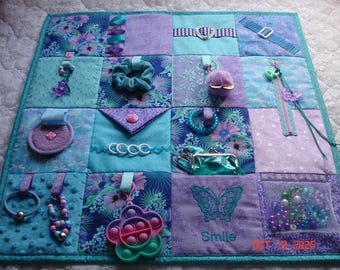Pink Navy Floral Sensory Tactile Activity Fidget Quilt Blanket for Alzheimer's dementia anxiety ADHD Autism Nursing Home