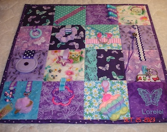 Purple and Teal CAT and Butterflies Fidget Activity Tactile Sensory Quilt Blanket Alzheimer's autistic dementia ADHD anxiety trauma NURSING