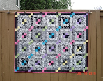 LaTTICE WINDOW Quilt, Handmade BLACK/WHITE with Multi Pastels Quilt Handmade