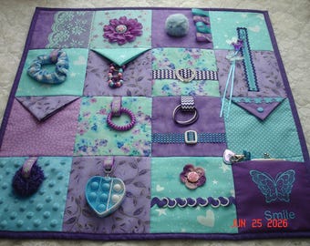 Purple & Teal Floral Fidget Lap Quilt: Sensory Activity Blanket, Alzheimer's Gift
