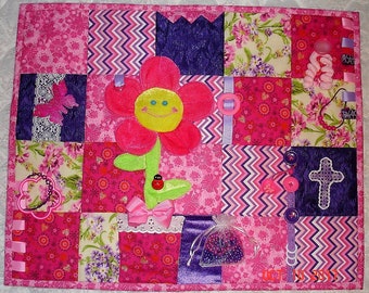 READY MADE Happy Bright Pink Purple Flower Panda Fidget Activity Tactile Sensory Quilt Blanket for Alzheimer's dementia anxiety brain trauma