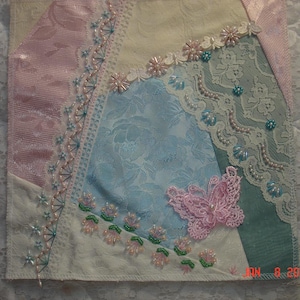 TO FINISH Victorian, Hand Embroidered, Embellished Beaded Crazy Quilting Patch Quilt Block ~ Pink, pale blue, ecru