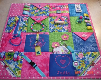 Pink and Blue Floral Sewing Fidget Activity Quilt Blanket for Alzheimer's dementia stroke brain trauma nursing home