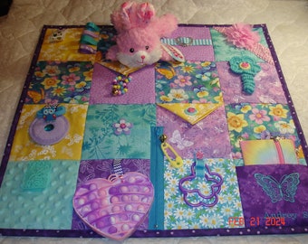 Purple, Teal, Yellow Butterflies Fidget Activity Tactile Sensory Quilt Blanket Alzheimer's autistic dementia ADHD anxiety brain trauma