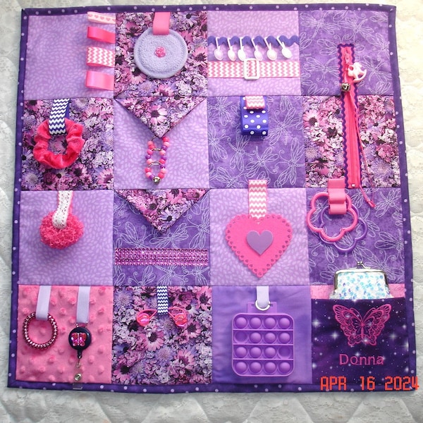 NEW PURPLE & Pink Dragonfly Fidget Activity Tactile Sensory Quilt Blanket for Alzheimer's dementia anxiety ADHD Nursing Home therapy