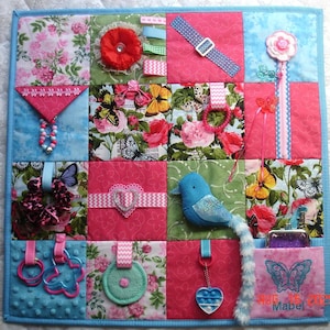 Bluebird of Happiness, Red Pink Roses Butterflies Fidget Activity Tactile Sensory Quilt Blanket Alzheimer&#39;s autistic dementia anxiety trauma