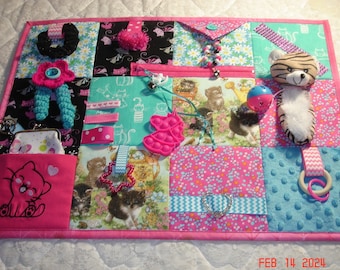 Kitty CAT Pink & Teal Fidget Activity Tactile Sensory Quilt Wheelchair Blanket for Alzheimer's stroke autistic dementia anxiety nursing home