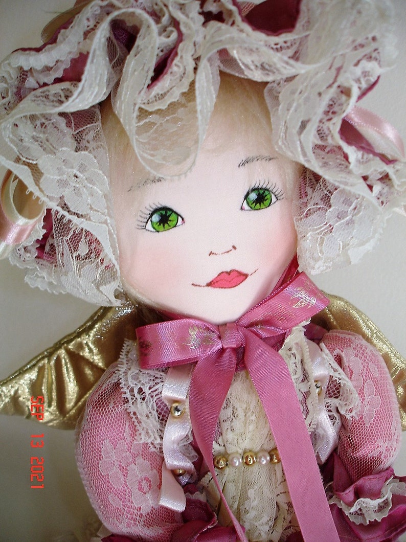 Cloth Hand crafted Angel Doll, Very Good Condition, Dusty Rose Dress, with Stand image 4