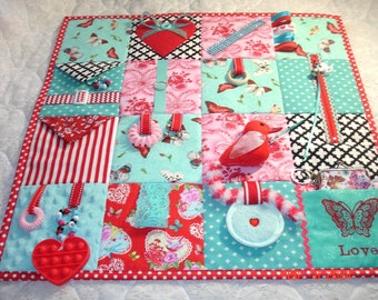 Red Bird, Roses and Teal Butterflies Fidget Activity Tactile Sensory Quilt Blanket Alzheimer's autistic dementia anxiety brain trauma