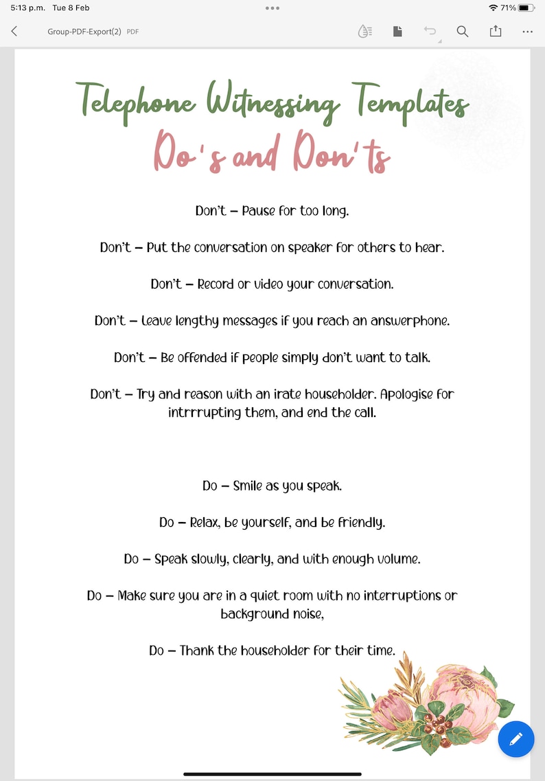 JW Telephone Witnessing Template Jw Printable Letter Writing Etsy