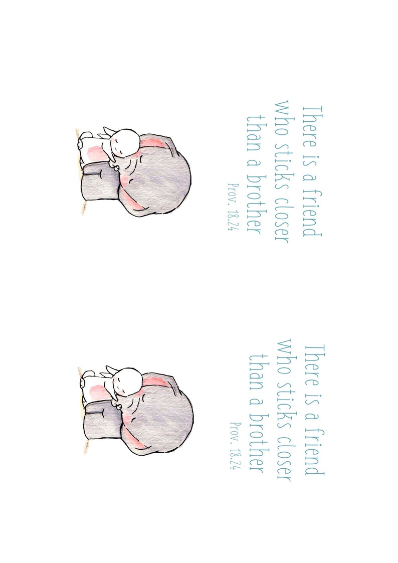 Puede incluir: Una ilustraci&oacute;n de acuarela de un elefante gris y un conejo blanco abraz&aacute;ndose. El texto "Hay un amigo que se pega m&aacute;s cerca que un hermano. Prov. 18:24" est&aacute; escrito en azul.