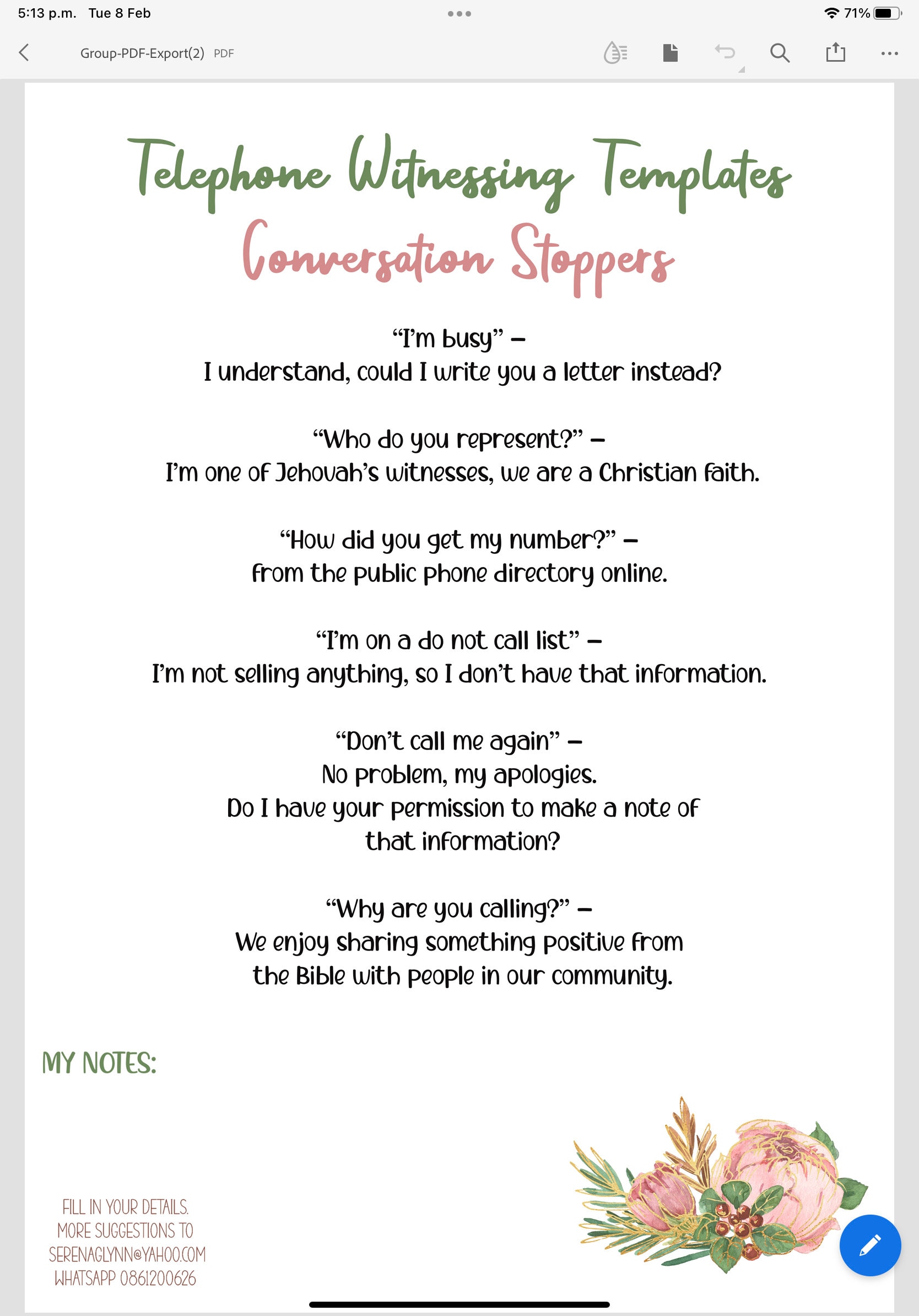JW Telephone Witnessing Template Jw Printable Letter Writing Etsy