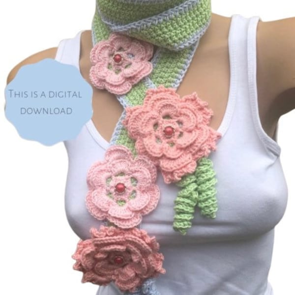 PDF Lariat scarf pattern - download  statement neck accessory long flower floral