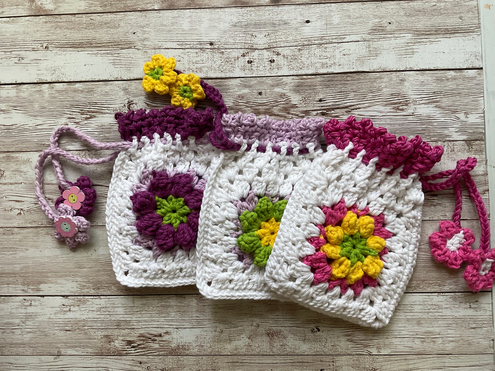 Crochet Drawstring Bag Pattern - Flower Purse - Cotton Pouch - Summer ...
