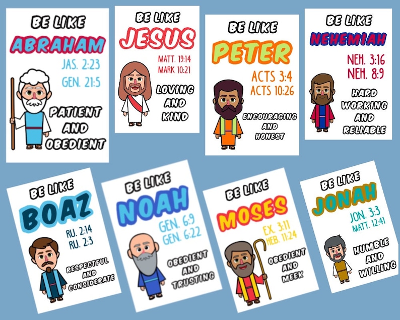 May include: A set of 10 colorful printable cards featuring Bible characters with their names and scripture references. Each card includes a cartoon illustration of the character and a description of their positive qualities.