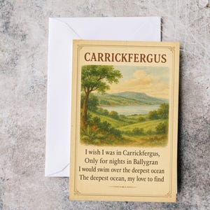 Art mural irlandais imprimable - Cadeau sur le thème de l'Irlande - Carte de voeux irlandaise - Paroles de la chanson carrickfergus