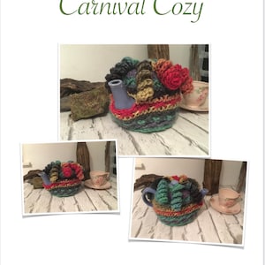 May include: A colorful crocheted teapot cozy with a multi-colored swirl design and red flower accents. The cozy is on a blue teapot.