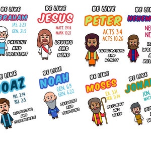 May include: Colorful illustration of eight different Bible characters with their names and corresponding Bible verses. Each character is depicted in a cartoon style with a distinct personality trait and a short description.