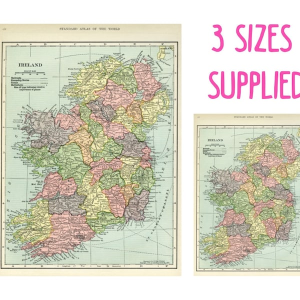 Vintage Irish map printable - atc cards - mini card scrapbooking - junk journaling ephemera - Irish art