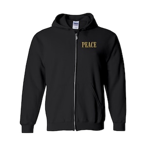 Peace Front / Shalom, Back Gold, Hebrew clothing, Black zip hoodie