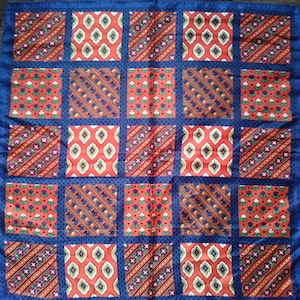 Vintage Square Polyester Scarf - Geometric and Paisley Type Design - Navy, Red, White, Yellow and Green - Unused and Perfect From 1970s