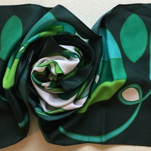 Long Retro Floral Scarf in Greens and White from France - Unused and Perfect From 1970s Stock