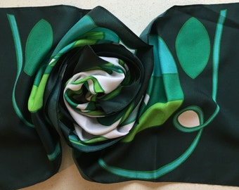 Long Retro Floral Scarf in Greens and White from France - Unused and Perfect From 1970s Stock