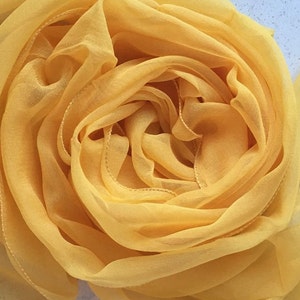 100% Silk Chiffon Scarf. Hand Rolled and Hemmed Square Yellow Scarf. Unused and Perfect From 1970s Stock