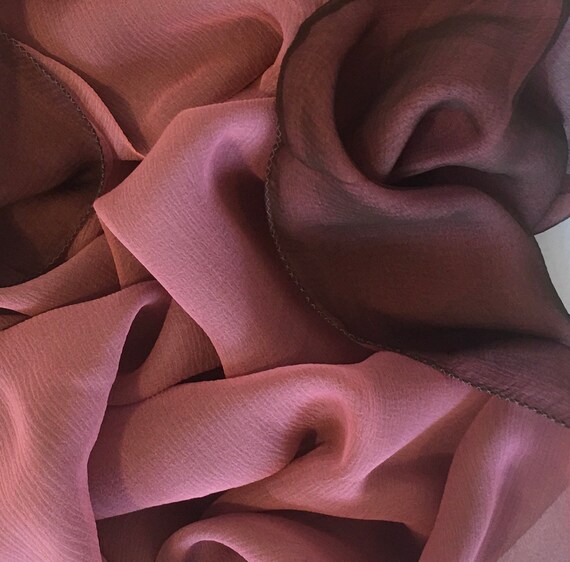 CORAL and DARK BROWN Rare 100% Silk Chiffon Scarf… - image 2